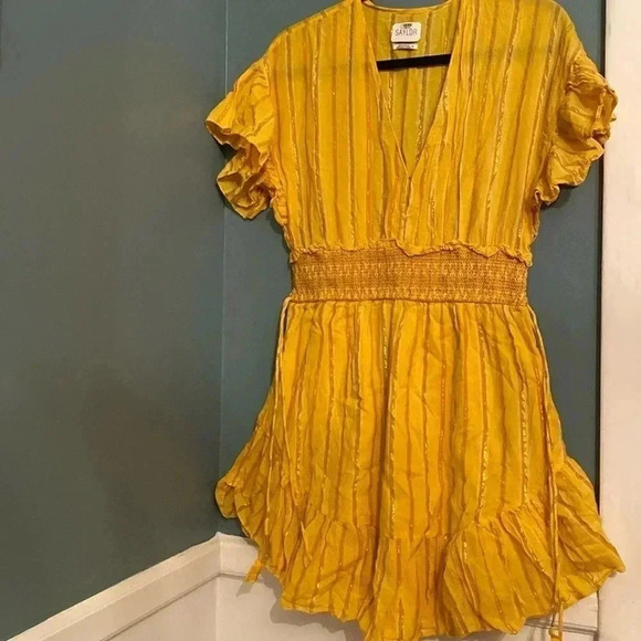 SAYLOR bright yellow women’s cotton dress - short - medium metallic stripe - Picture 1 of 10